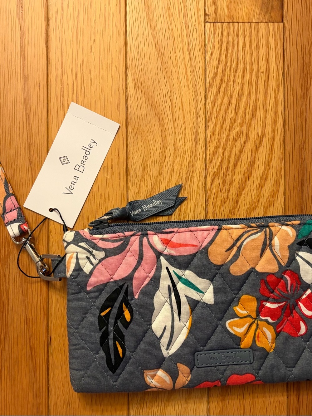 Vera Bradley Gray Quilted Floral Wristlet with Multicolor Blooms